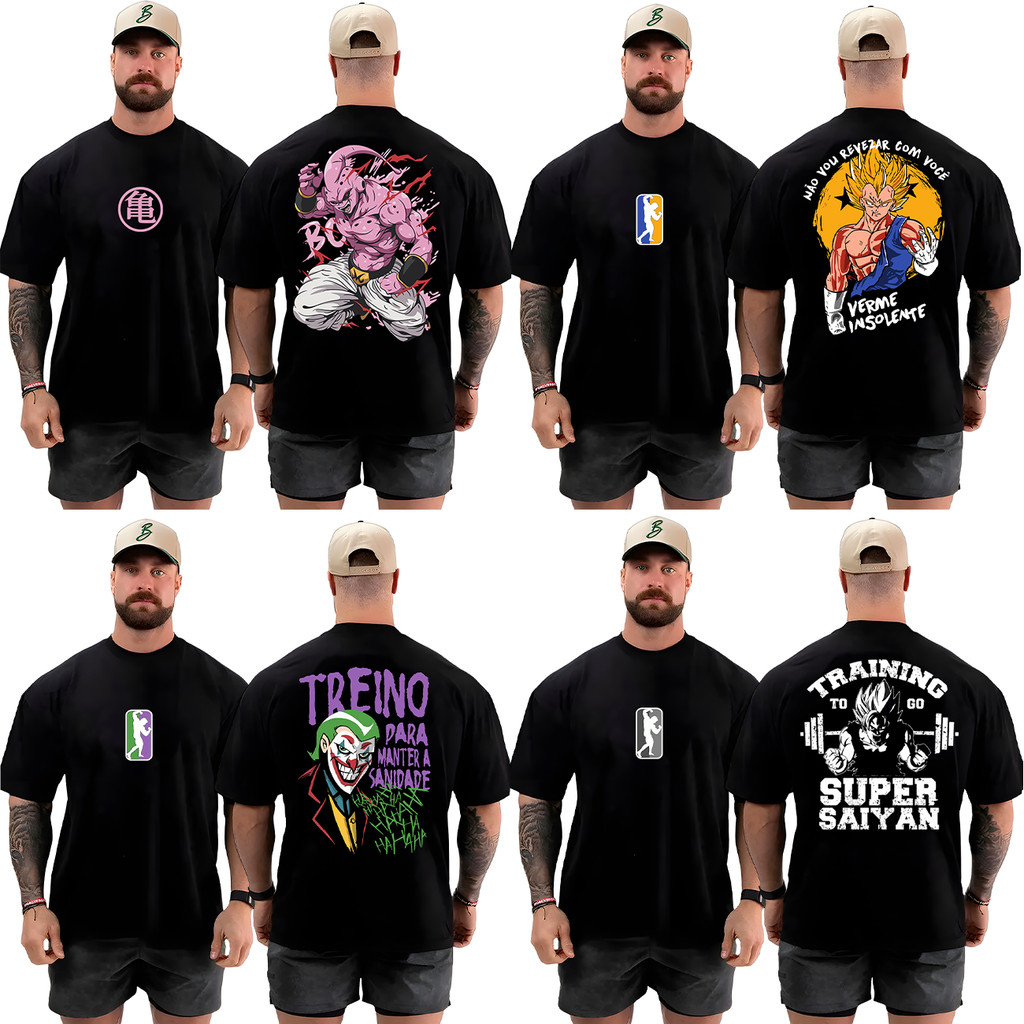 Kit com 4 Camisetas Camisas Oversized Top para Academia Treino Streetwear 100% Algodão