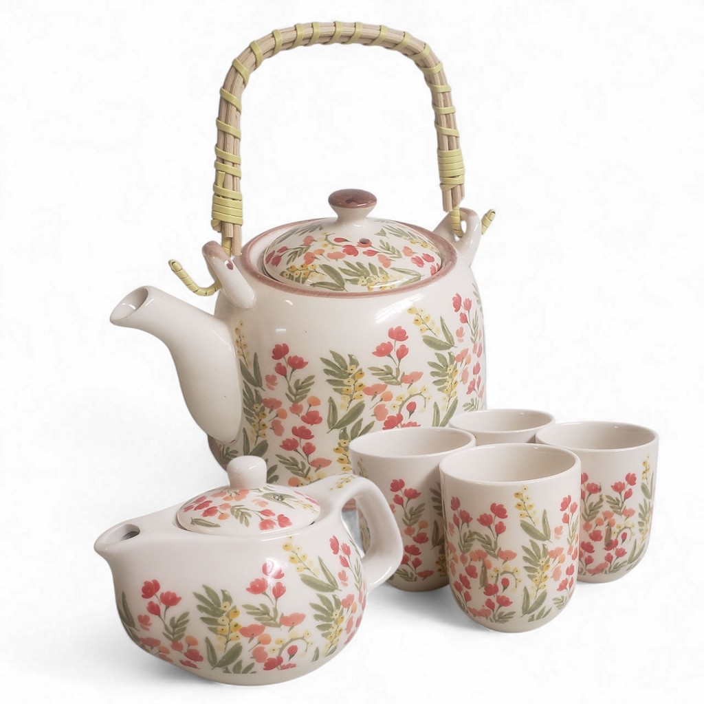 Kit Bule de Chá Alça Madeira + Mini Bule e 4 Copos Porcelana