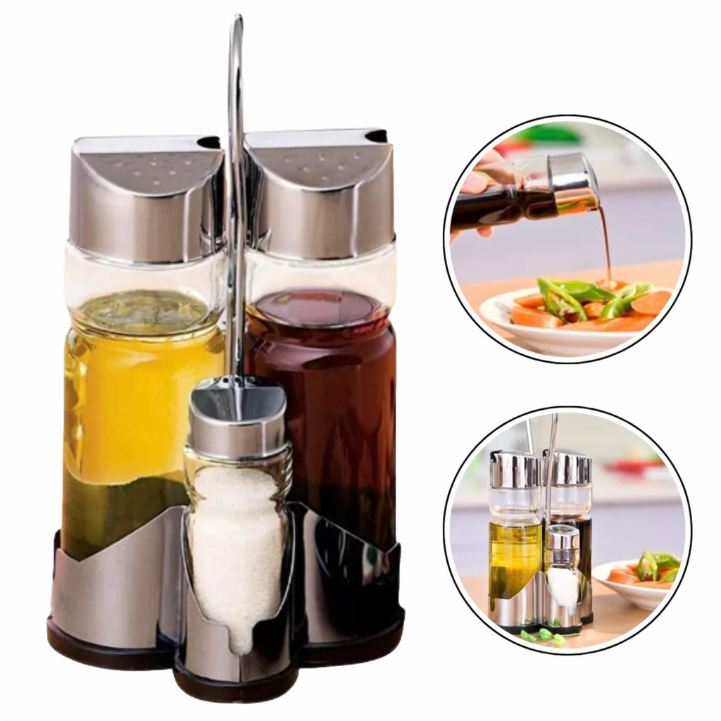 Galheteiro 4 Peças Saleiro Azeiteiro Porta Vinagre Paliteiro Pimenta Inox Vidro Com Suporte em Oferta na Shopee