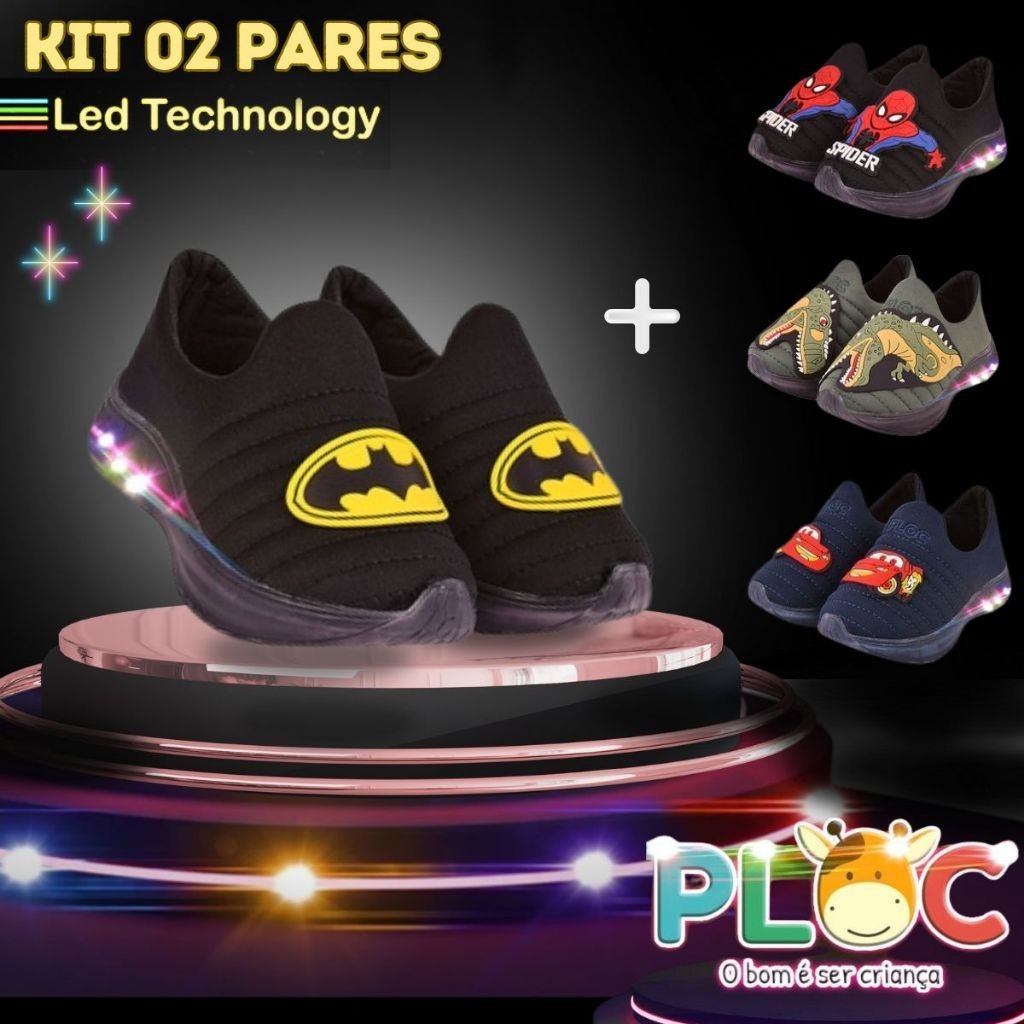 KIT 2 PARES DE TÊNIS LED INFANTIL MENINO LED40 BATMAN BRASÃO PRETO + PAR ADICIONAL A SUA ESCOLHA