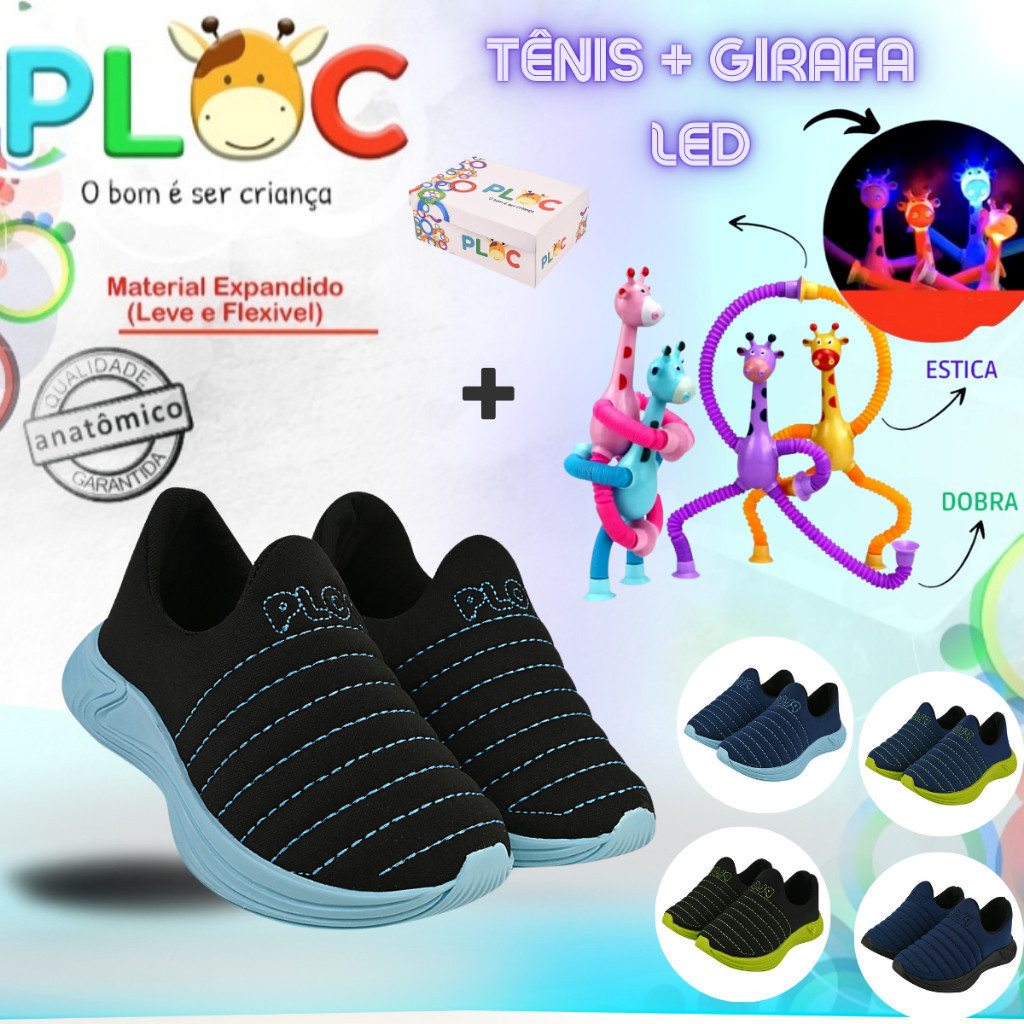 Kit Divertido Ploc : Tênis Calce Fácil Colors Menino + Girafa Led Sortida MENINO