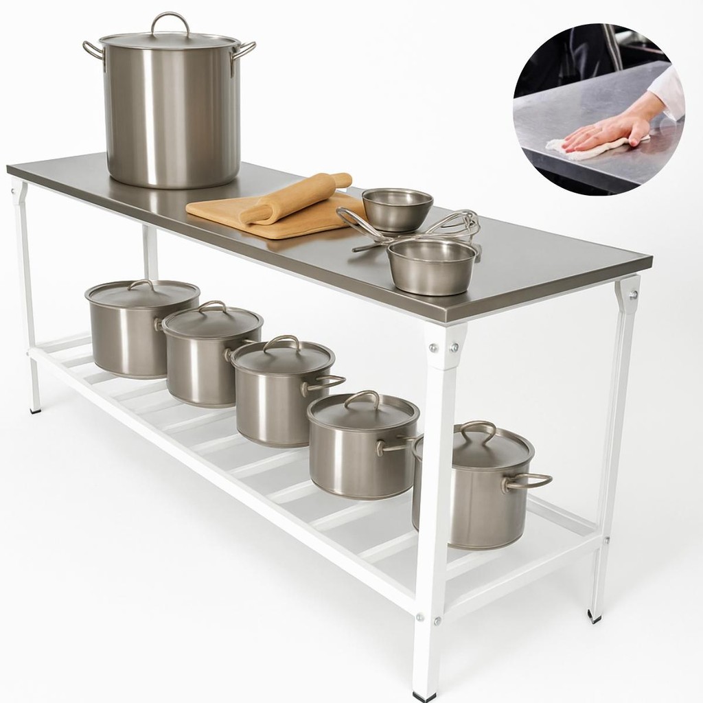 Mesa De Serviço Com Prateleira Grade E Tampo Em Inox Linha Leve - 190x55 - Innal