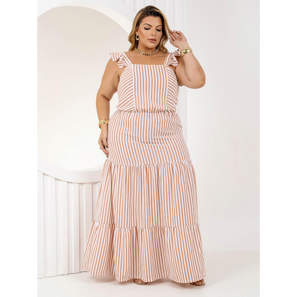 Vestido Feminino Longo Plus Size Alças com Frufru Saia com Babados Três Marias Elástico na Cintura Elegante Festa