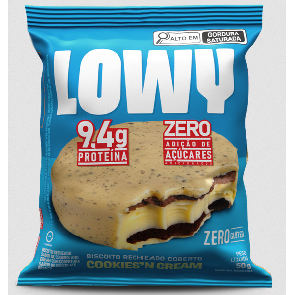 Biscoito Recheado Cookies Cream Coberto Com Chocolate Lowy Zero Açúcar Cory 50g