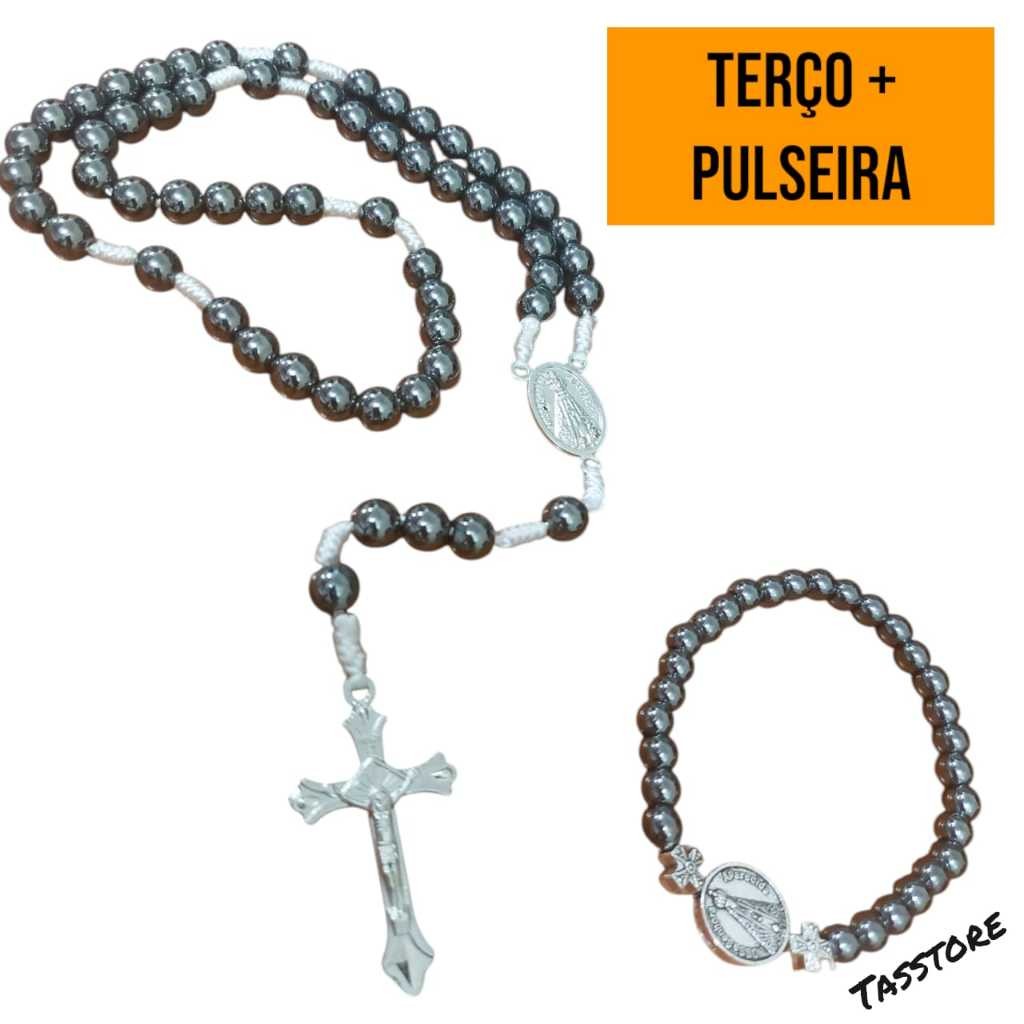 Kit Terço + Pulseira Hematita de Nossa Senhora Aparecida TASSTORE