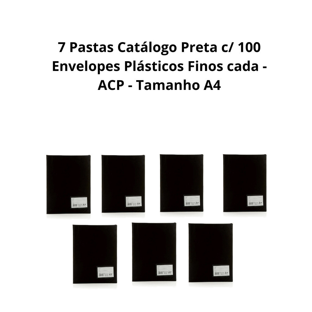 7 Pastas Catálogo Preta com 100 Envelopes Plásticos Finos cada / ACP / Tamanho A4