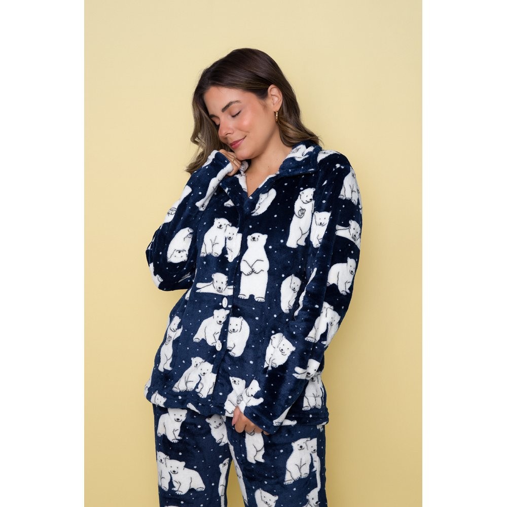 Pijama Feminino Blogueirinha Pelinhos Americano Manga Longa Bolso Fleece Ursos