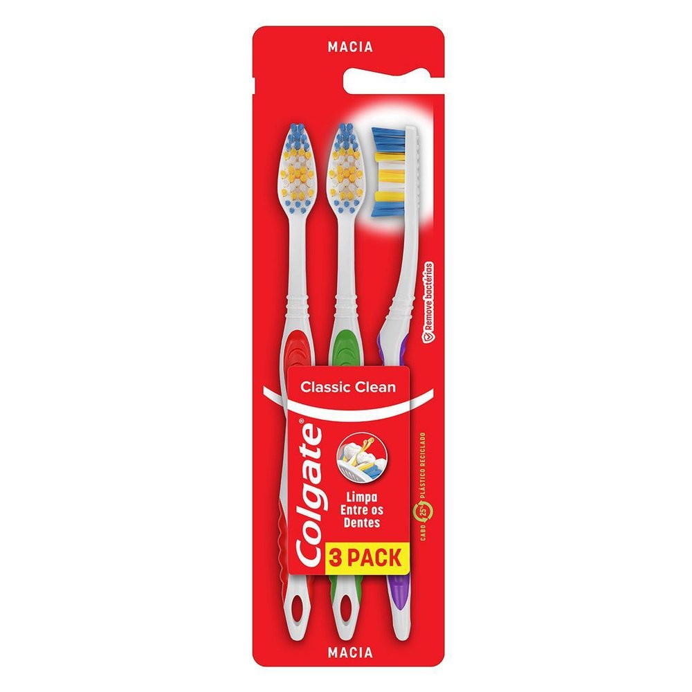 Escova Dental Colgate Classic Clean Macia Cores Sortidas com Limpador de Língua Leve 3 Pag...