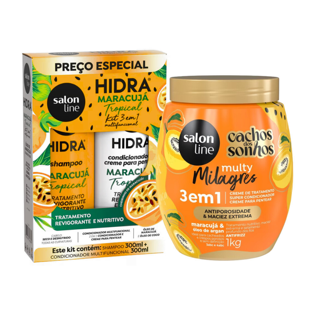 Kit Shampoo e Condicionador Hidra 300ml + Creme de Tratamento 3 em 1 1kg Maracujá Salon Line