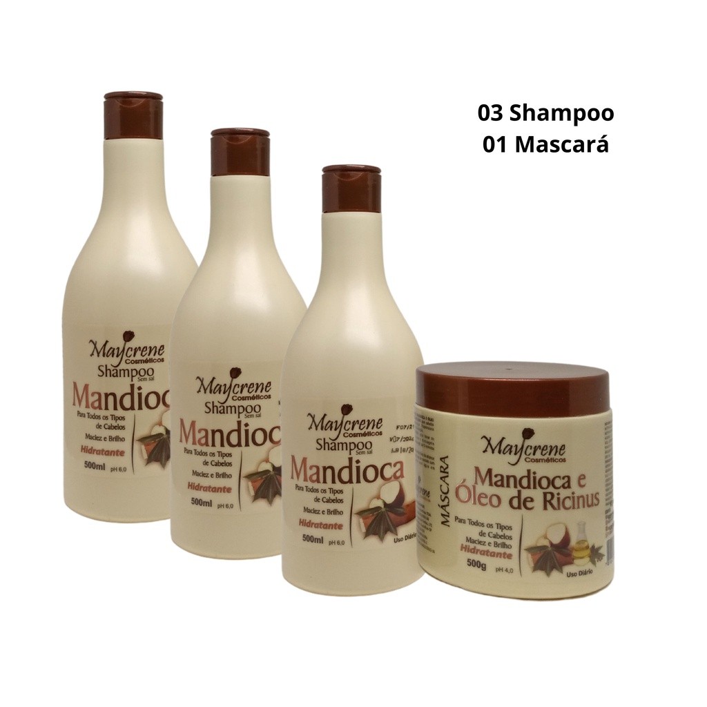 Kit Mandioca Maycrene ( 3 Shampoo e 1 Máscara ) 4x500ml