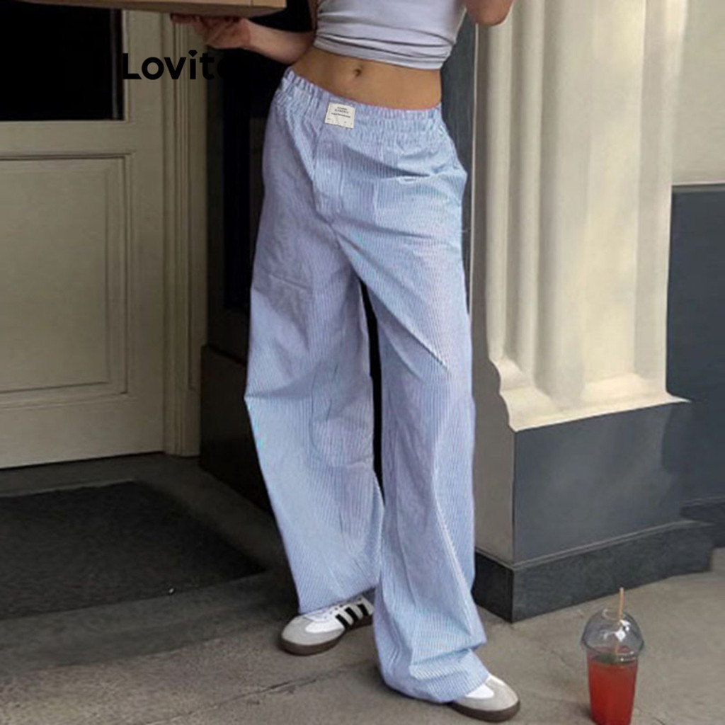 (Trendy) Lovito Calça Casual Listrada Com Botões Remendados Para Mulheres LNL72005 - Women Clothes