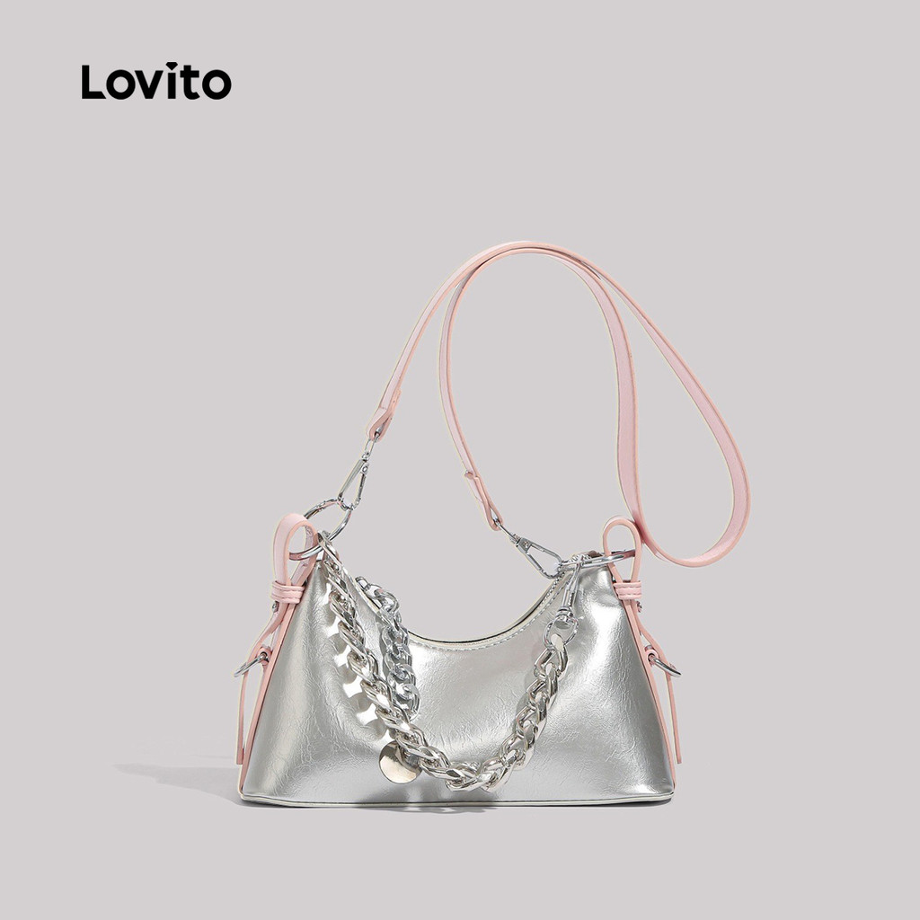 Lovito Casual Simples Avançado Pop Prata Alça De Ombro Costura Cor Legal Pequena Bolsa De Ombro Para Mulheres LFA80FX028 - Women Bags