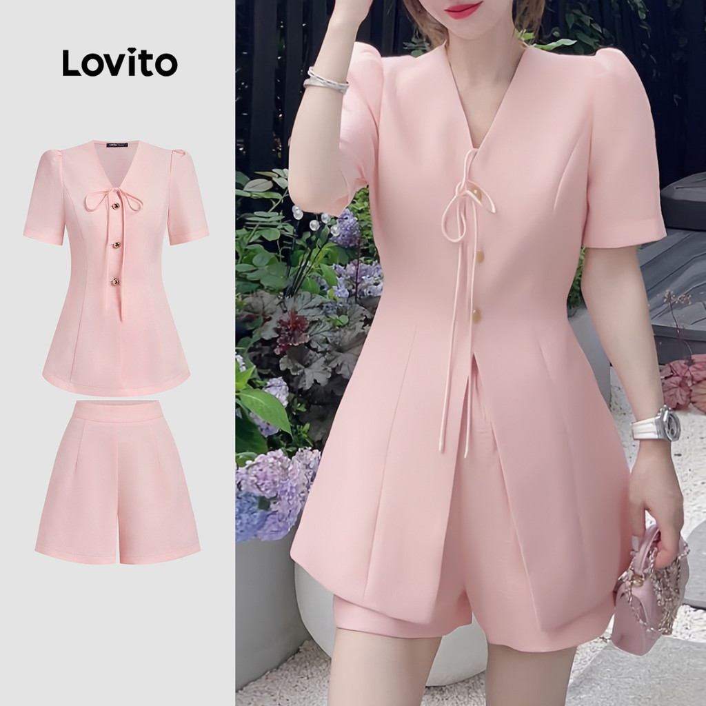 Lovito Conjuntos Casuais De Shorts Rosa Com Botão Liso E Zíper Com Cadarço Primavera/Verão Para Mulheres L134ED938 - Women Clothes