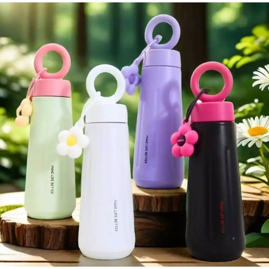 Garrafa de Aço lnoxidavel com alça e Chaveiro de Flor 450ml em Oferta na Shopee