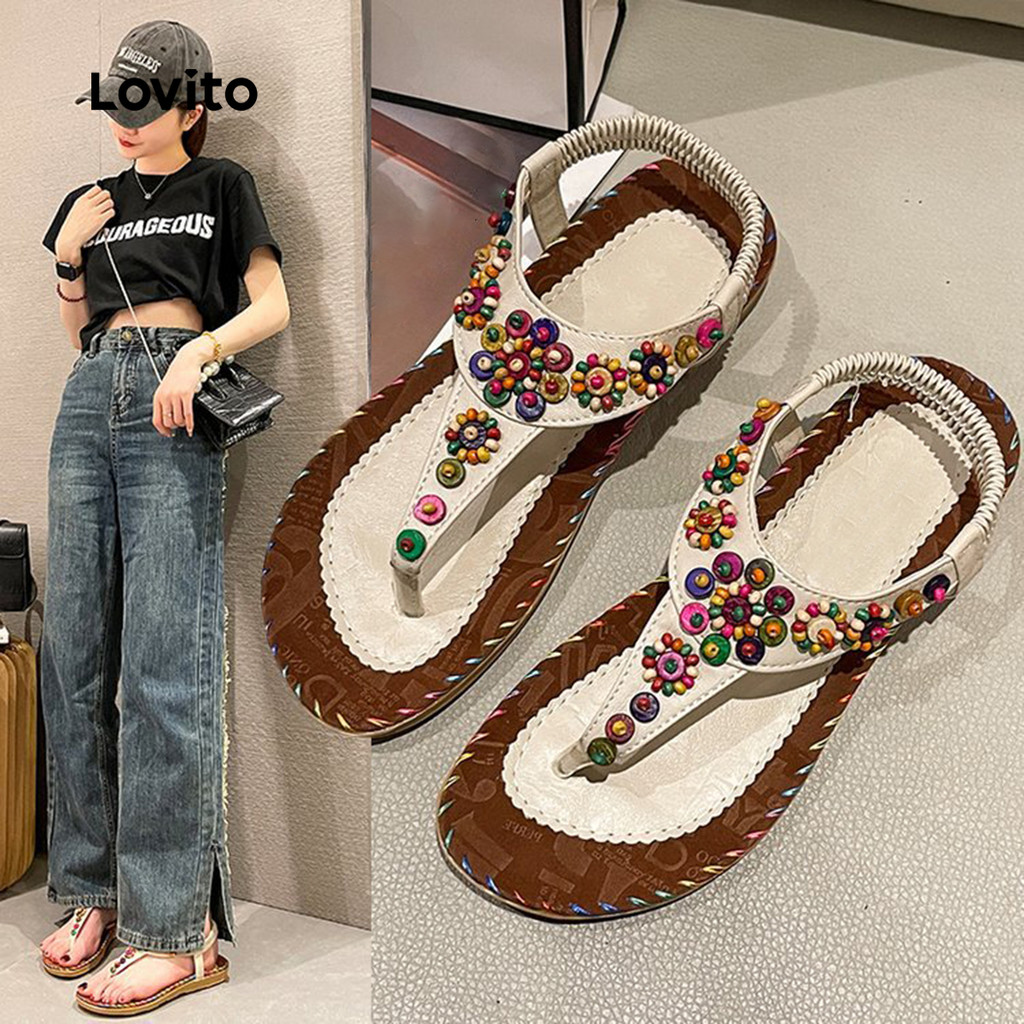 (Trendy) Lovito Boho liso frisado estilo étnico boêmio roupas de viagem praia Slip Ons para mulheres  LFA64214 em Oferta na Shopee