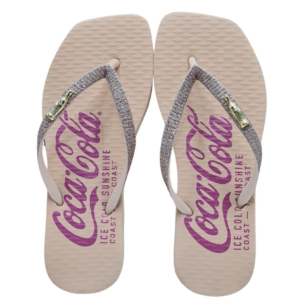 Chinelo Coca-Cola Rose Claro Tira Brilho Glitter CC4663 Bico Quadrado Square Ice Cold Feminino
