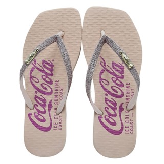 Chinelo Coca-Cola Rose Claro Tira Brilho Glitter CC4663 Bico Quadrado Square Ice Cold Feminino