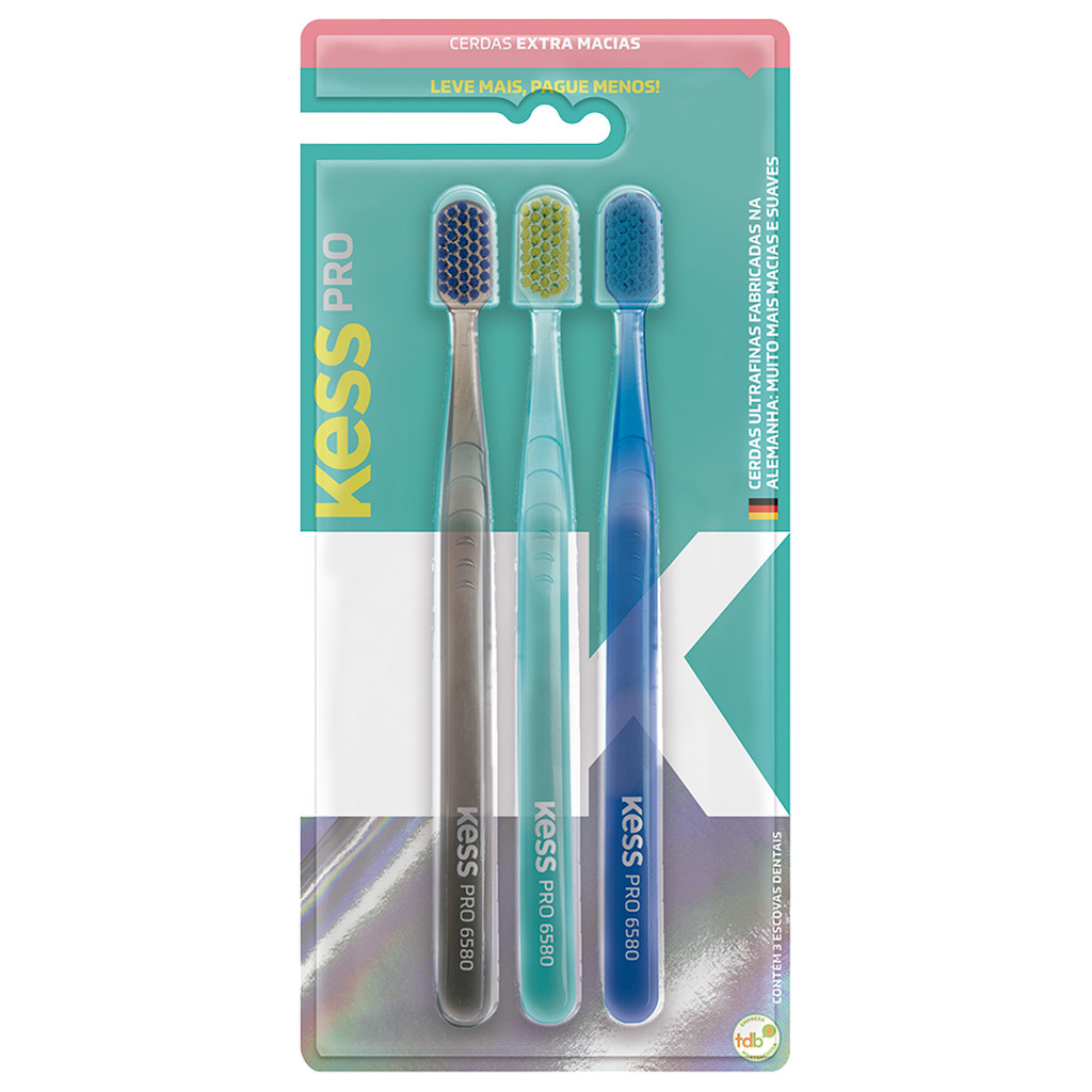 Pack Com 3 Escovas Dentais Kess Pro Extra Macia Ultrafinas