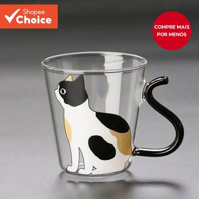 1pc copo de vidro gato resistente ao calor resistente ao frio vidro alto borosilicato cane...