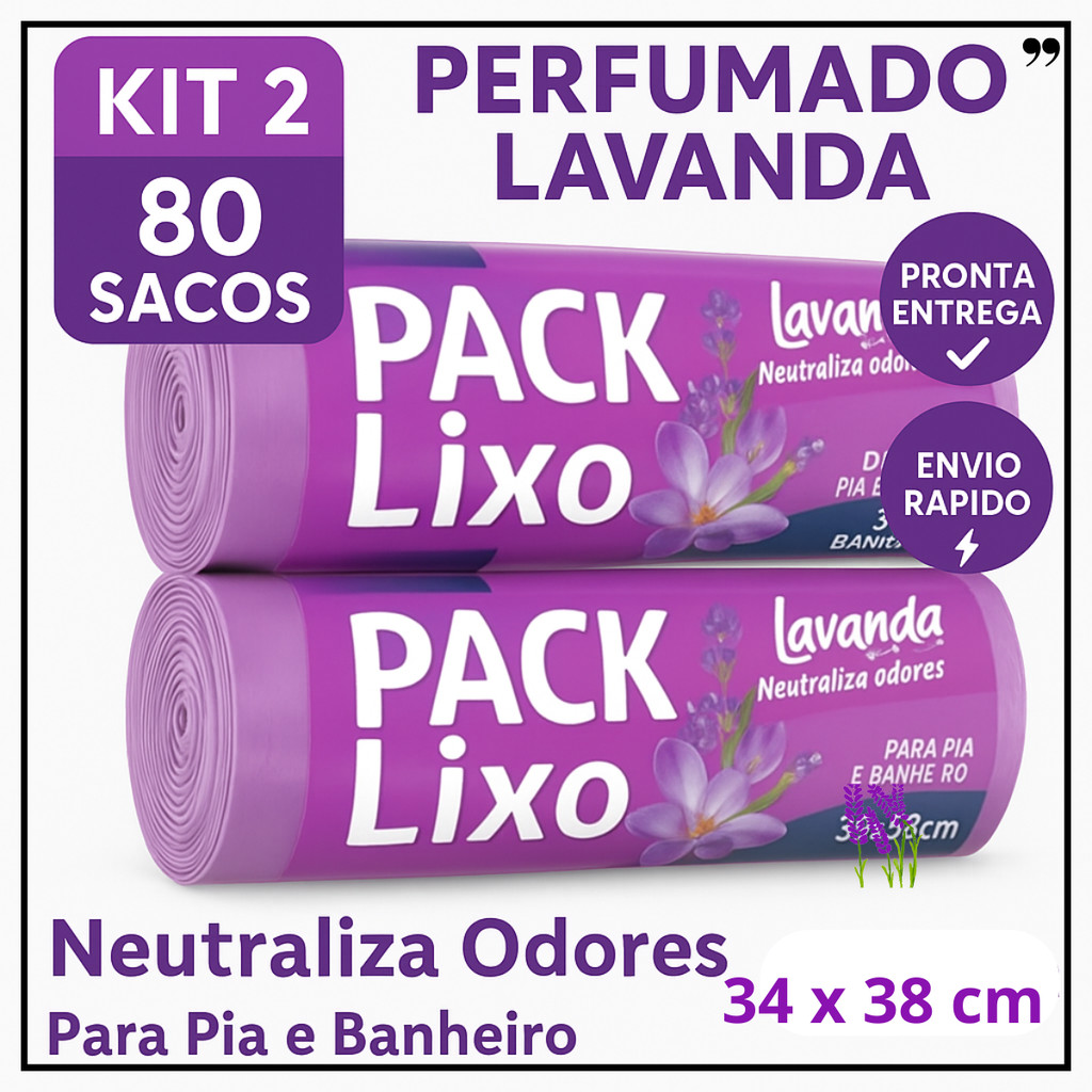 Sacos de Lixo Perfumados Lavanda | Kit 2 com 80 Sacos | Para Pia e Banheiro | 34x38cm | Ne...