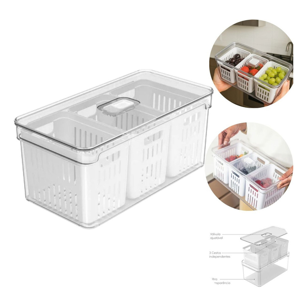 Caixa Organizadora Geladeira Frutas Verduras Legumes 3cestos com Drenagem 5litros