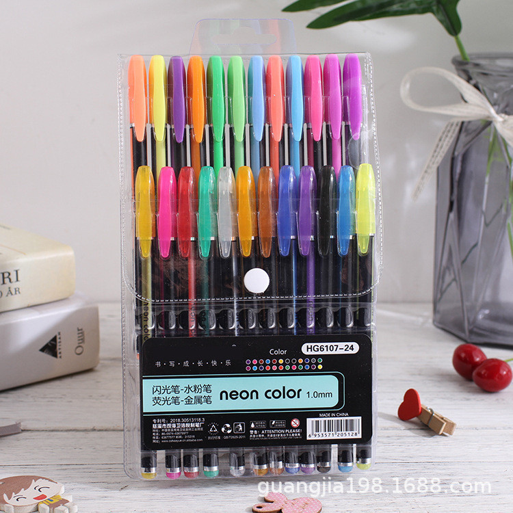 Kit com 24 Cores Caneta 1.00 mm Gel ColorGel Tinta Glitter Pastel Neon Metal Escolar em Oferta na Shopee