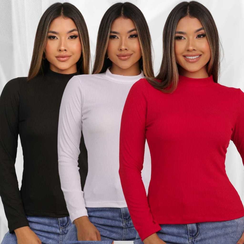 Kit 3 Blusas Gola Alta Canelada Manga Comprida Longa Cacharrel Confortável Segunda Pele Com Elastano Básica