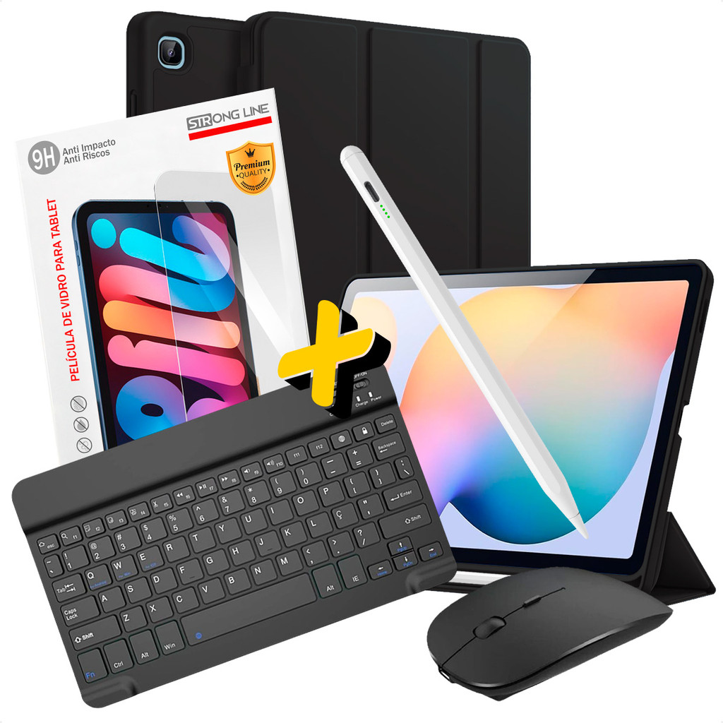 Combo Capa S6 Lite Premium 5x1 - Teclado Bluetooth e  Mouse Preto, Película, Caneta Stylus e Smart Cover Suporte Caneta