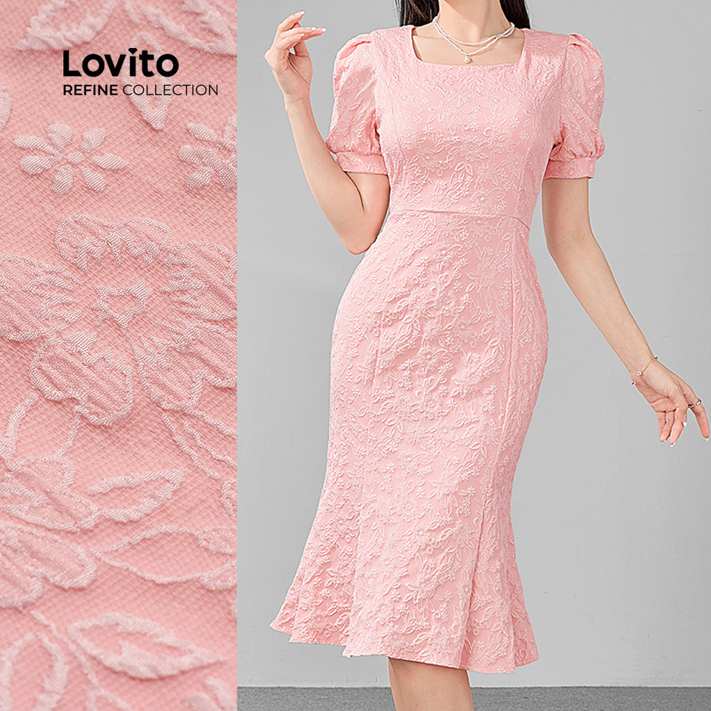 (Lovito Refine) Elegante Floral Babado Bainha Jacquard Estrutura Linha Vestido Rosa Para Mulheres LR11ED030