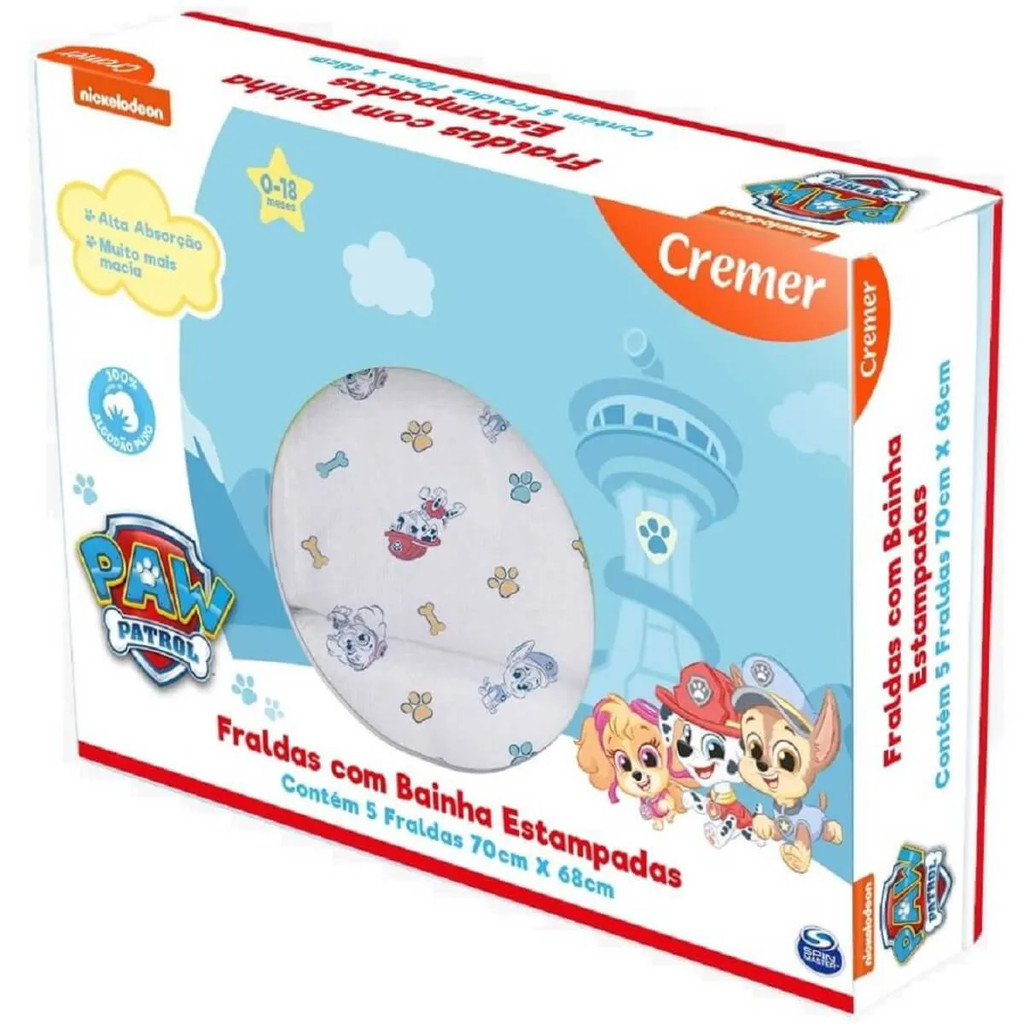 Fralda Luxo Cremer Estampa Patrulha Canina Com 05 Unidades