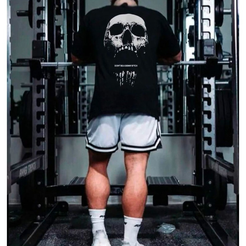 Camiseta Oversized Streetwear Caveira Academia Estampada Masculina Unissex Algodão Casual Confortável