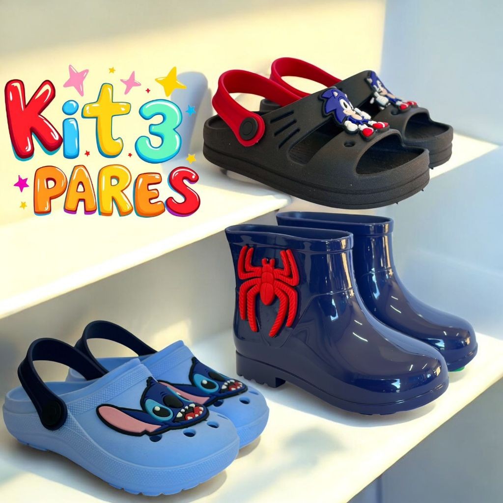 KIT 3 PARES SANDALIA BABUCHE GALOCHA PAPETE INFANTIL PARA MENINOS em Oferta na Shopee