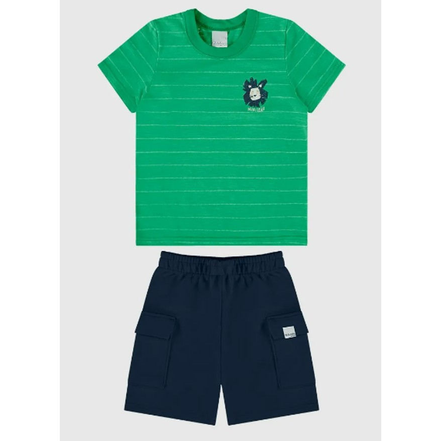 Conjunto Infantil Menino Camiseta Em Malha Rajada Listrada Malwee Kids Verde
