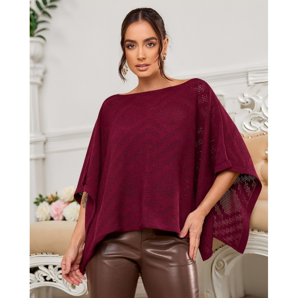 Blusa Feminina Em Tricot Modal Macio Poncho Decote Canoa