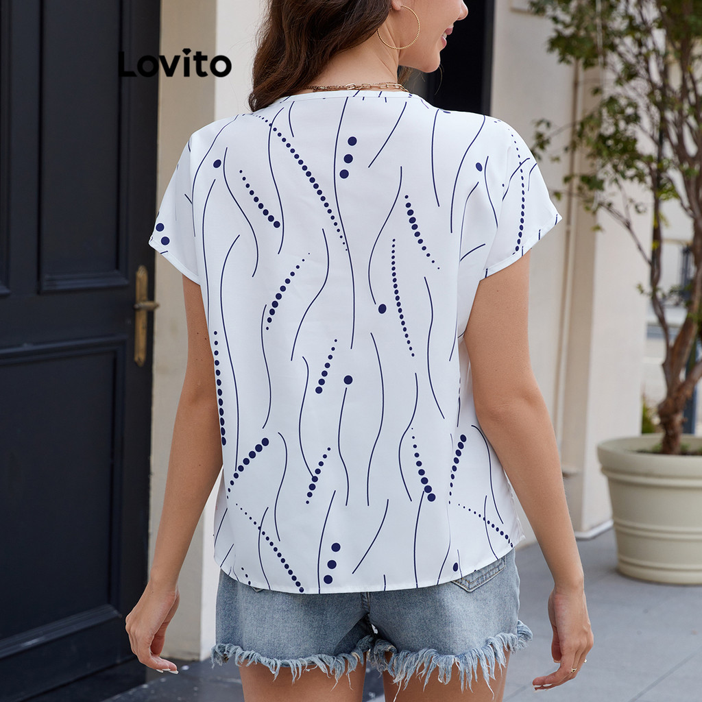 Detalhes do Lovito Blusa plissada geométrica casual para mulheres LBL20711
