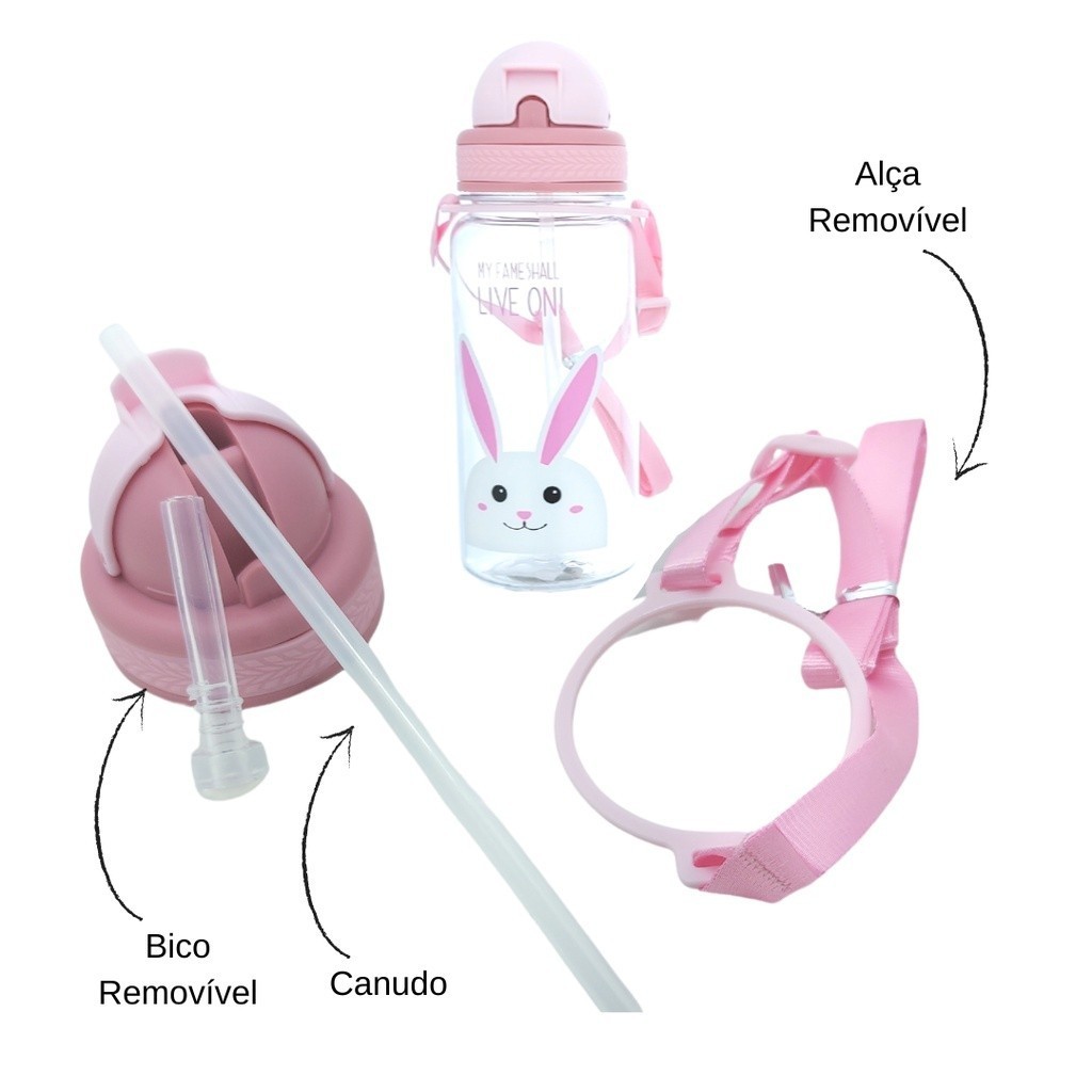 Garrafa Rosa Squeeze Infantil Plástico com Alça Canudo - 350ml em Oferta na Shopee