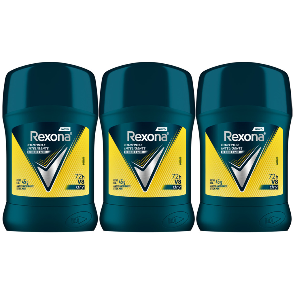 KIT C/3 DESODORANTE REXONA STICK MEN V8 DRY ANTITRANSPIRANTE 45G - Beauty