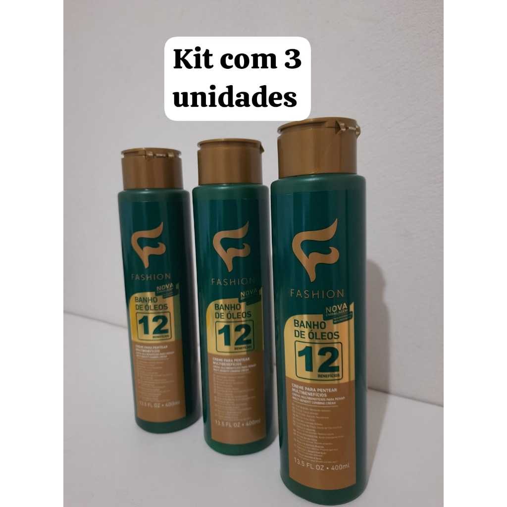 Kit com 3 Creme de Pentear Cabelo Sem Enxague Leave In Banho de Oleos 12 Beneficios Fashion 400ml em Oferta na Shopee