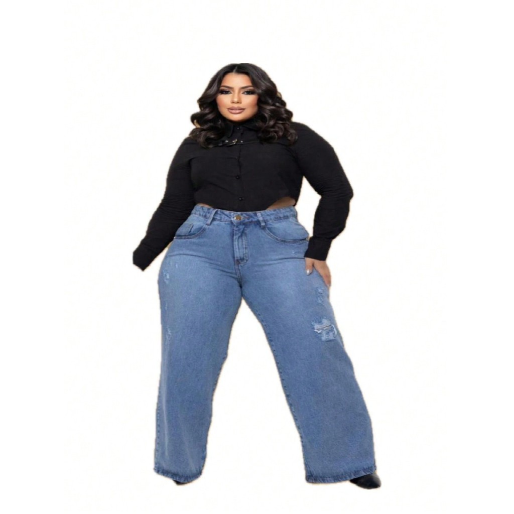 Calça Wide Leg cintura alta Plus size Pantalona jeans Feminina Marmorizada destroyed