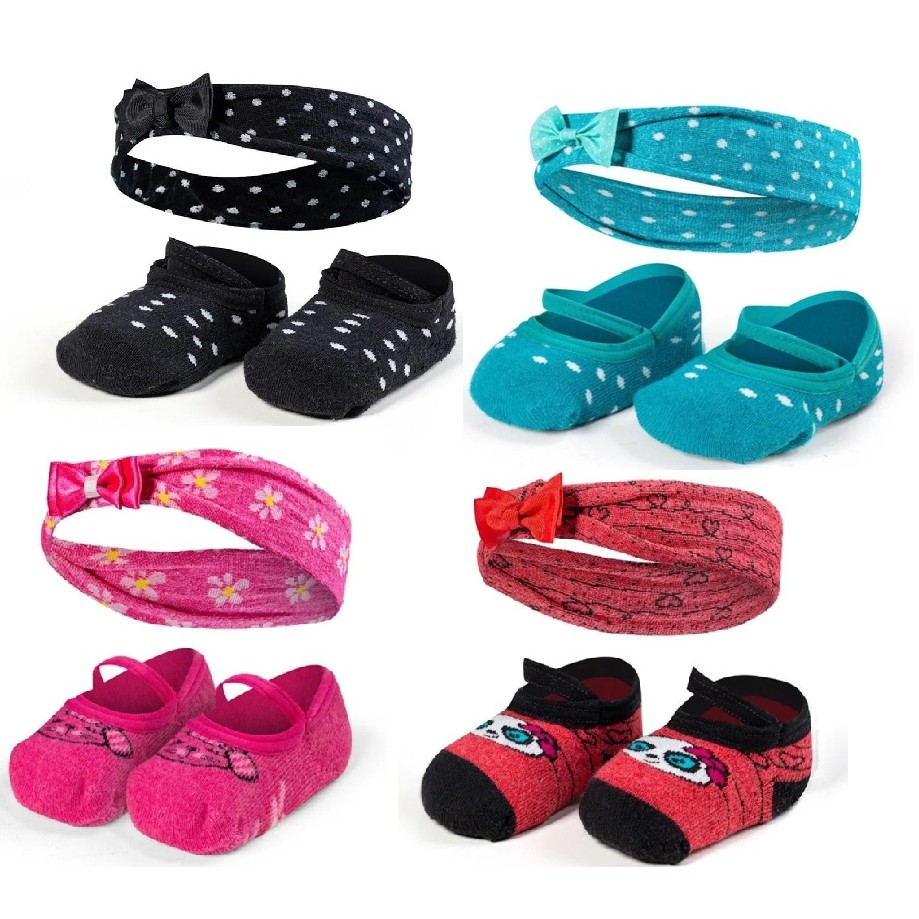 Meia Sapatilha Infantil com Faixa de cabelo Menina Bebe Recém Nascido Dallf