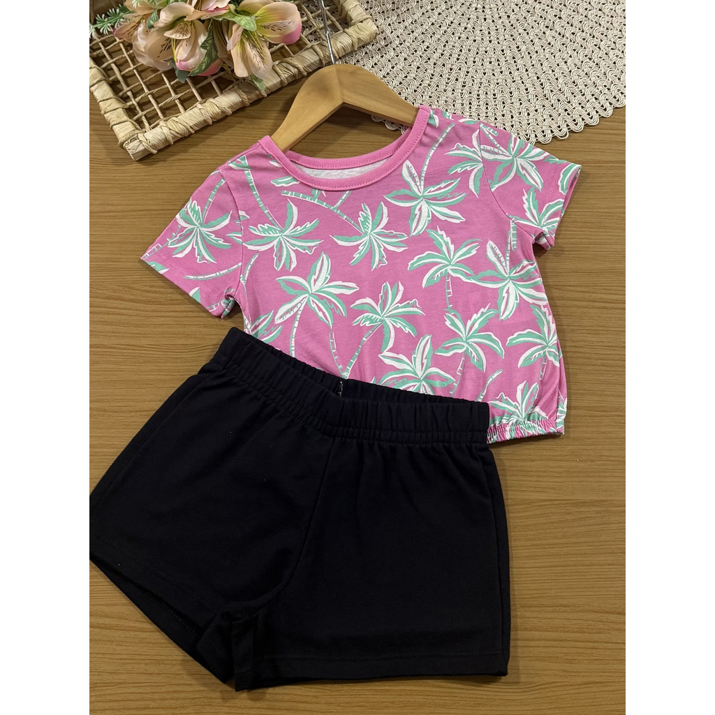 Conjunto Infantil Menina Brandili com Shorts Preto e Blusa Rosa Tropical