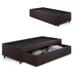 Base Box Cama Solteiro com Gaveta Sapateira 88x188cm Courino Linho Marrom