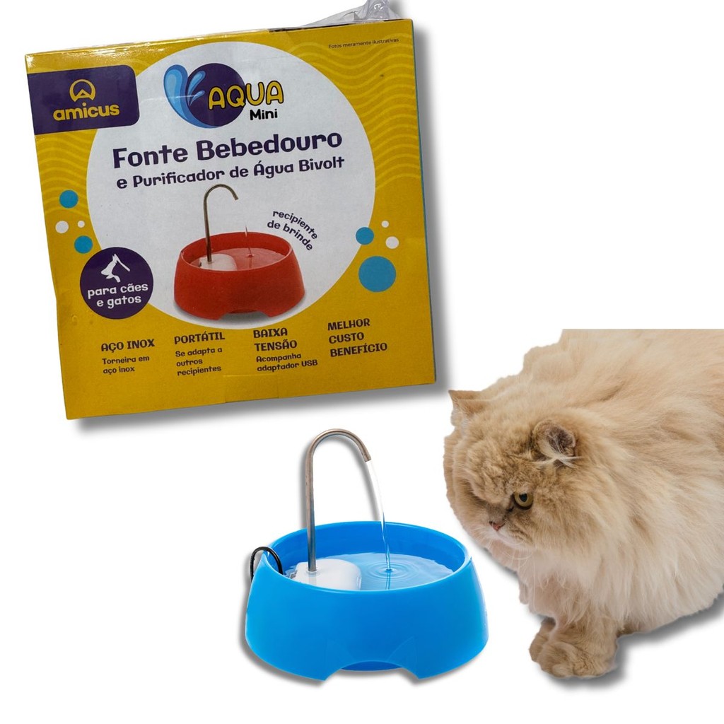 Fonte Bebedouro e Purificador de Água Bivolt Para Cães e Gatos Aqua Mini Azul Amicus