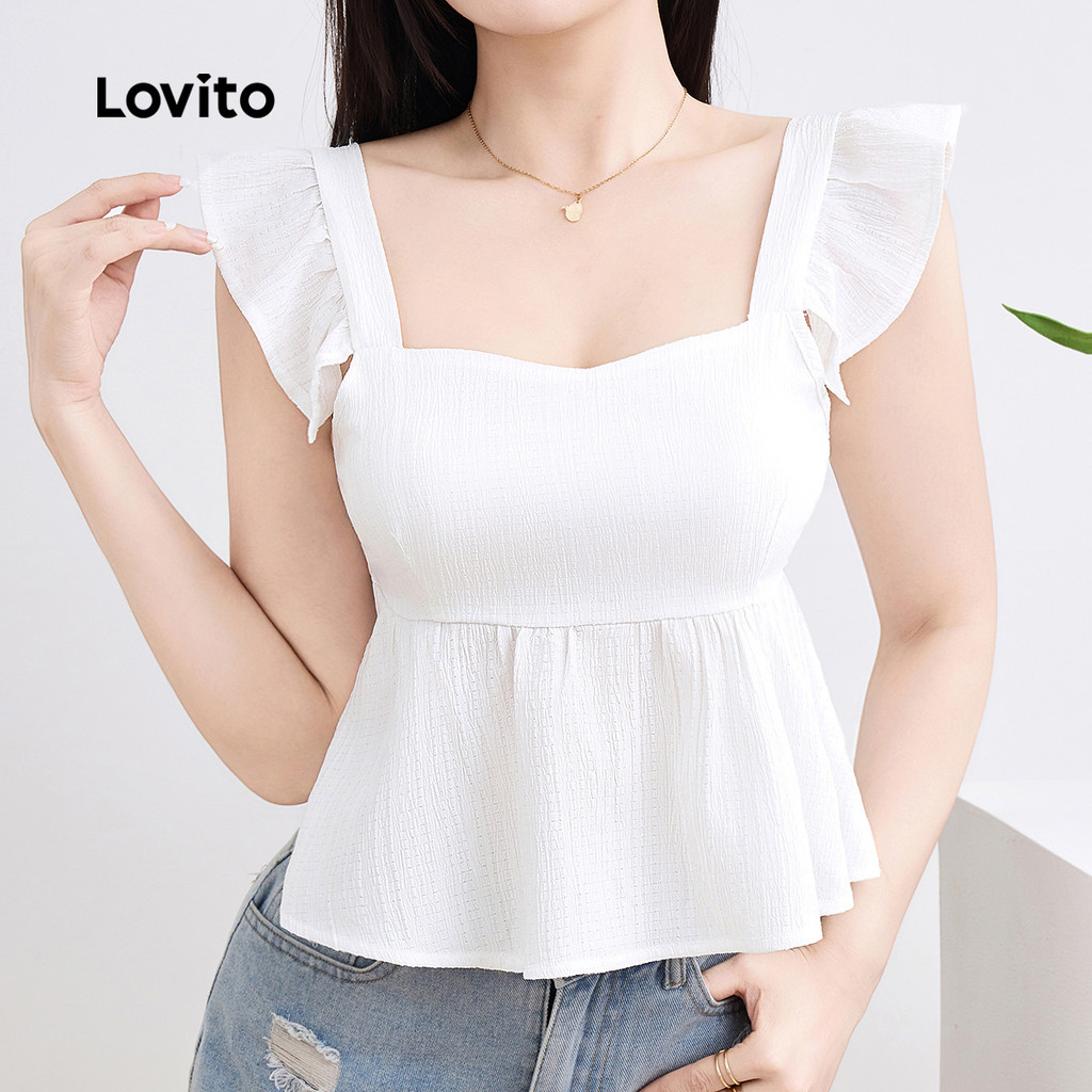 Lovito Blusa Casual Lisa Plissada Com Babados Verão Primavera Branca Para Mulheres L135ED139 - Women Clothes