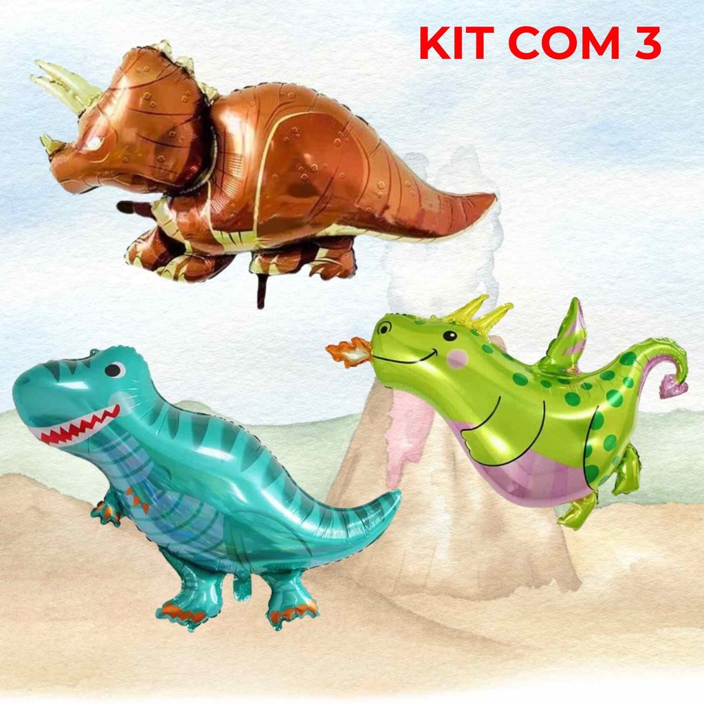 Kit 3 Balões Dinossauro Gigante Metalizado Festa Infantil Jurassic 16 Polegadas