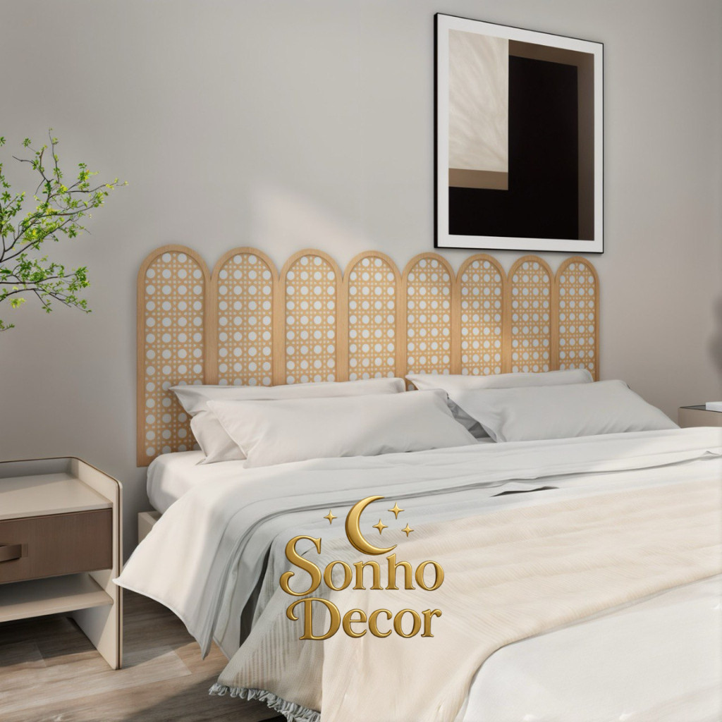 Placa Cabeceira Palhinha Indiana MDF Vasado Nuvem Cama Box Solteiro Casal Queen King