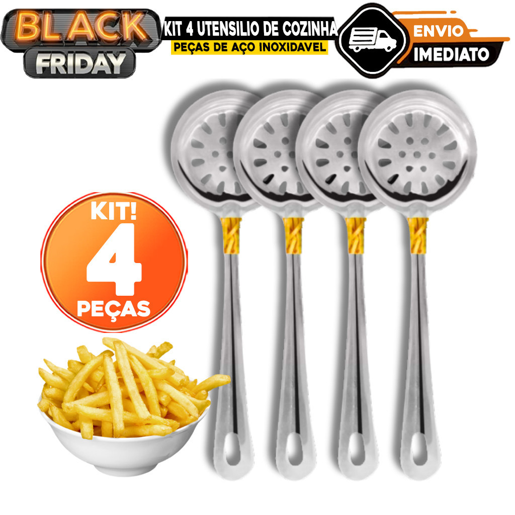 Kit Utensilio de Cozinha 4 Peças 100% Aço Inox Escumadeira Cozinha Fritura