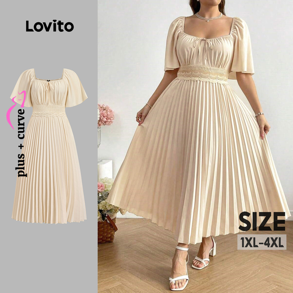 (Lovito Refine) Vestido Elegante Plus Size Plissado Cadarço Cor Damasco Vestido Verão/primavera Para Mulheres LR11LD099 em Oferta na Shopee