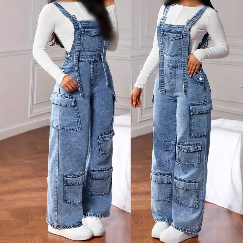 Jeans femininos calças Jeans macacão Multi-bolso calças Cargo de perna larga atacado em Oferta na Shopee