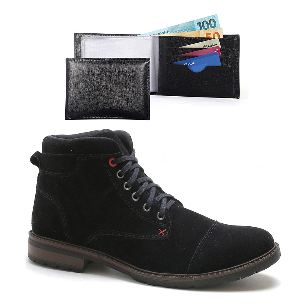 Bota Coturno C/ Cadarço Zíper Sola Tratorada + Carteira